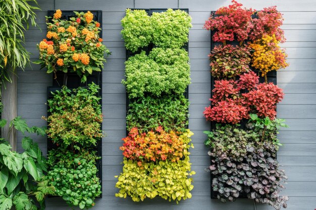 Photo vertical garden installation featuring vibrant greenery and colorful blooms