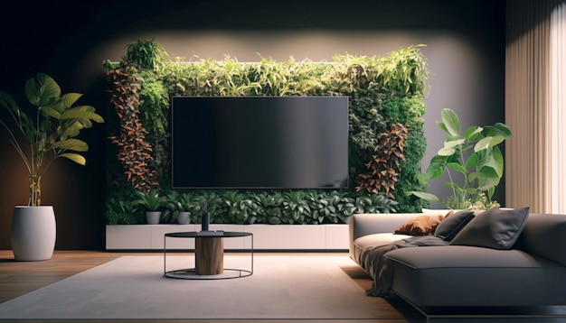 Vertical garden and TV set in modern living room plants Generative Ai