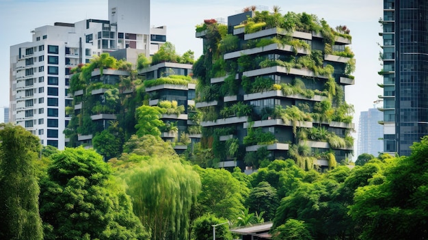 Vertical garden at vibrant urban environment skyscrapers with cascades of greenery Ecological city