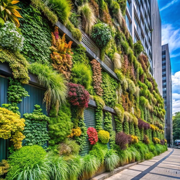 Photo a vertical garden wall in an urban setting is filled with a variety of plants creating a lush