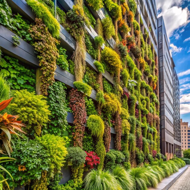 Photo a vertical garden wall in an urban setting is filled with a variety of plants creating a lush