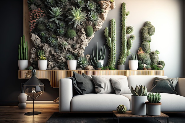 Vertical garden with succulents and cacti in modern living room created with generative ai