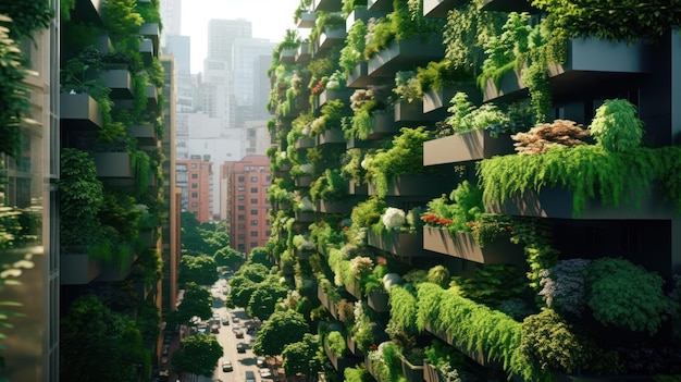 Vertical gardens rising among skyscrapers The walls of green plants and climbing plants that surround the buildings represent the fusion of nature and modern urban life Created with Generative AI