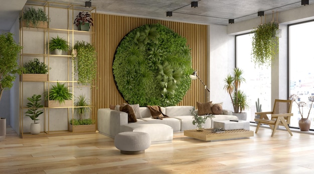 Vertical Green Wall in a living room interior 3d render