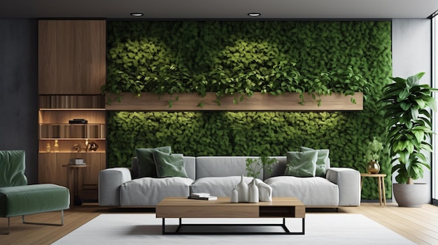 Vertical green wall in a living room interior