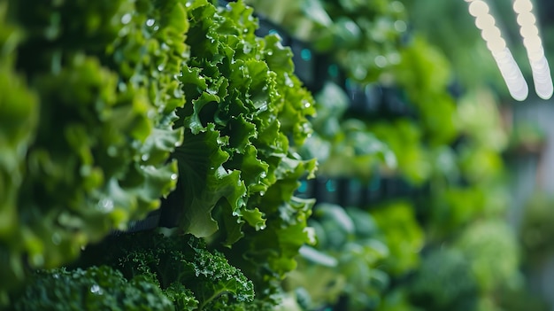 Vertical Hydroponic Farming in Greenhouse with Stacked Greens and LED Lights CloseUp