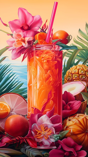 Vertical illustration of a colorful tropic cocktail in a high glass with exotic flowers and citrus fruits over tropical background Suitable for posters banners covers and other ad purposes AI