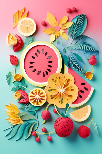 Vertical illustration with summer fruits and berries in paper cut style on the bright colorful background Generative AI