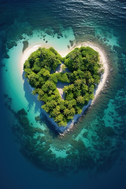 vertical image aerial photo of remote tropical paradise island in heart shape top view