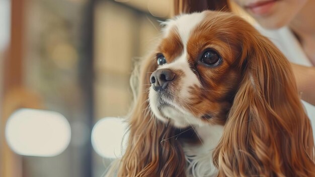 A vertical image of a Cavalier King Charles Spaniel receiving a trim from a young Japanese woman