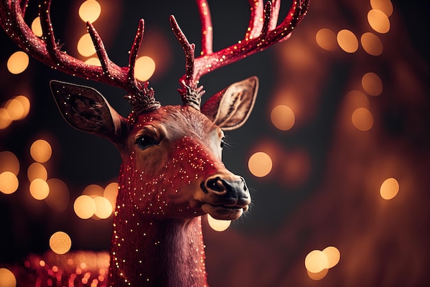 Vertical image of a Christmas red deer with bokeh lights in the backdrop