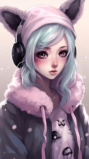 Vertical image of a cute anime girl with headphones in a coat and hat Mobile wallpaper Generated ai