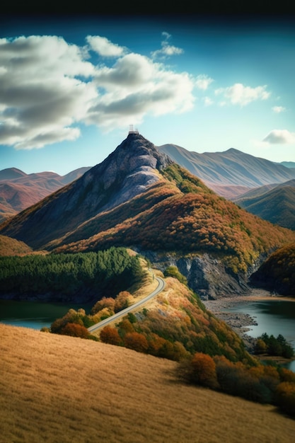 Vertical image of landscape clouds over hills and bridge created using ai technology