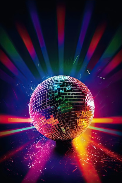 Vertical image of a stunning disco ball with fantastic colorful lights and a vibrant background of colors Generative AI