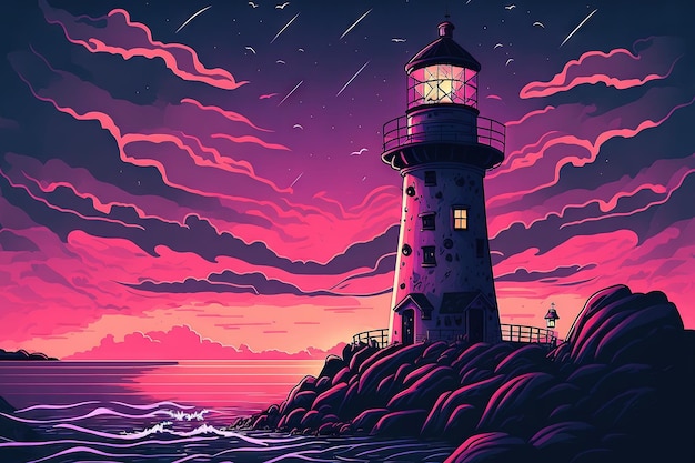 Vertical image of a stunning lighthouse sight at dusk with a purple sky