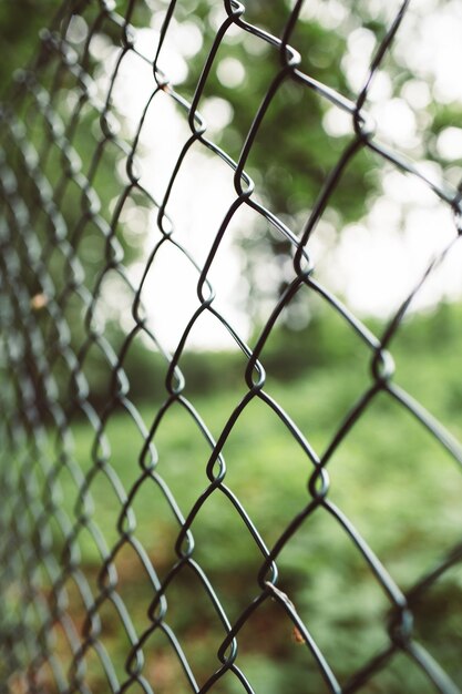 Vertical image of a wire mesh fence against a blurry greenery. Protection, privacy, boundary concept