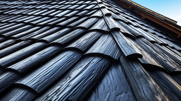 Vertical low angle closeup shot of the black roof of a building Generative AI