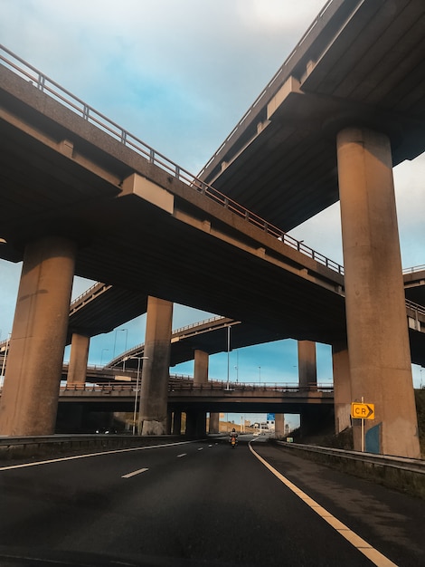 Vertical photo of modern road bridges.	