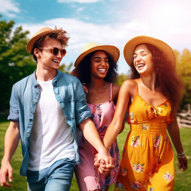 Vertical photo of multiethnic group of young friends running happily together while holding hands Travel lifestyle concept with multiracial group of millennial tourists having fun in summer