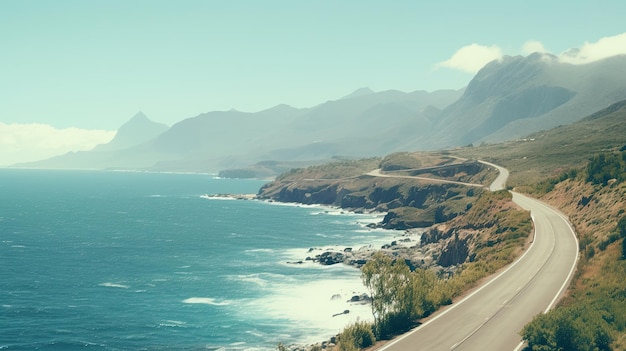 Vertical picture of a long winding road against mountains