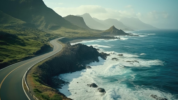 Vertical picture of a long winding road against mountains