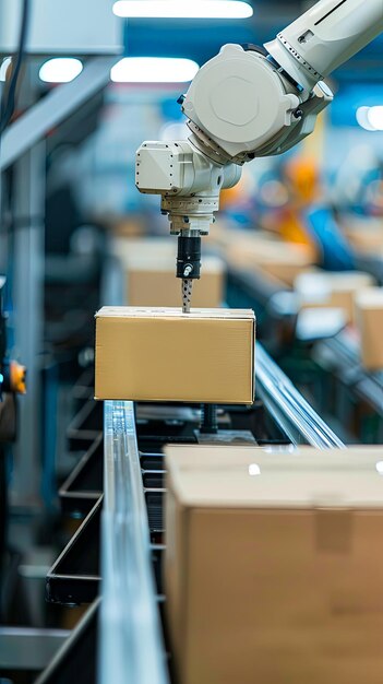 Photo vertical portrait of automaton robot arm working on conveyor belt with cartboad box parcel in warehouse