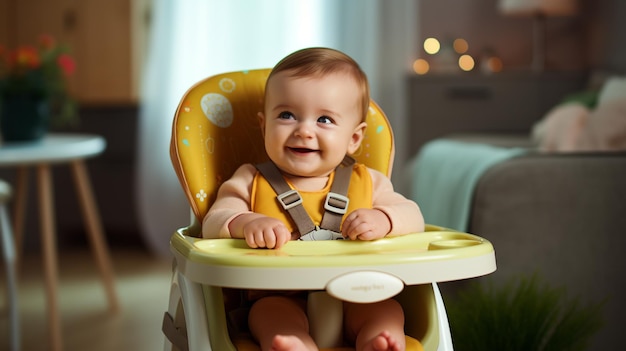 vertical portrait of cute little child sitting on high chair generated by AI