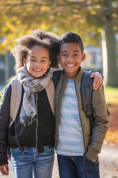 Vertical portrait of friends and classmates against the backdrop of a park near the school a warm au