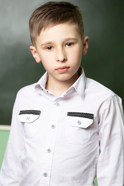 Vertical portrait of a schoolboy at the blackboard The boy is ten years old in the class