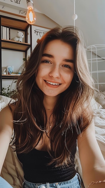 Vertical portrait of smiling sexy young teenage woman alone at home in room wearing casual clothes