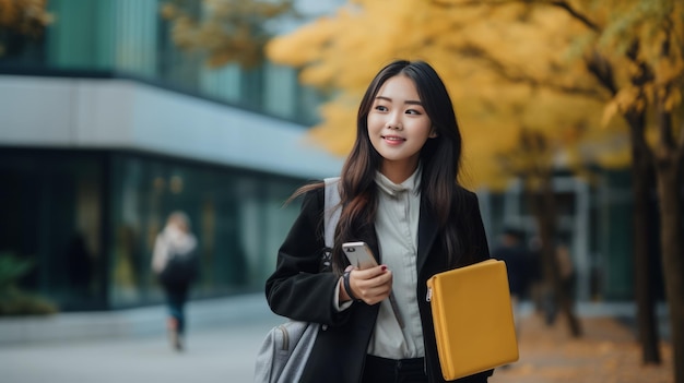 Vertical portrait of stylish asian girl student talking on mobile phone while walking holding laptop