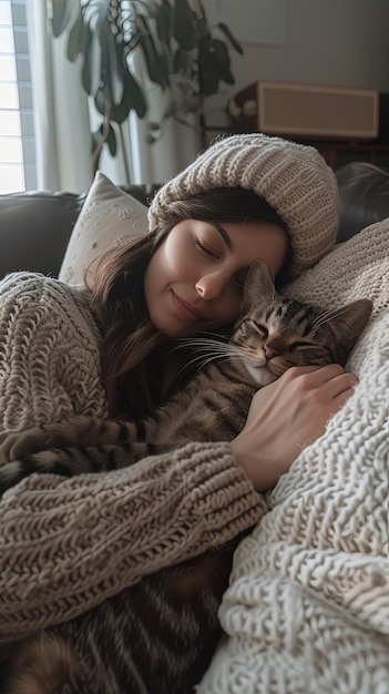 Vertical portrait of woman and cat relaxing on the couch embraced