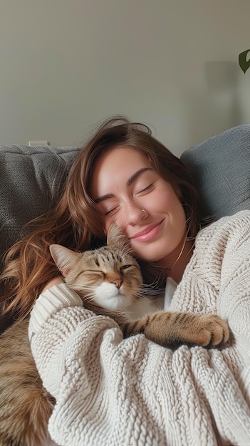 Vertical portrait of woman and cat relaxing on the couch embraced