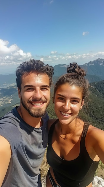 Vertical portrait of young couple on a mountain smiling