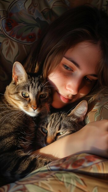 Vertical portrait of young female embraced with cute kitty