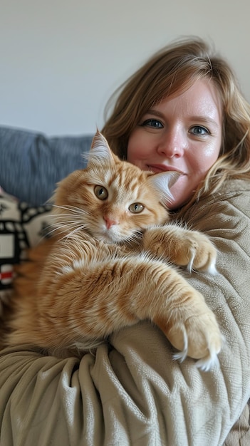 Vertical portrait of young female embraced with cute kitty