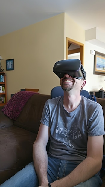 Vertical portrait of young man wearing VR goggles sitting on couch