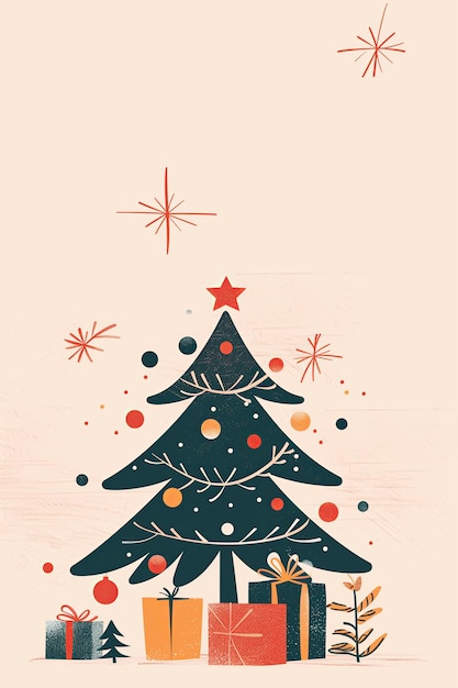 Photo vertical poster background design in flat minimalistic style flat christmas tree with ornaments and