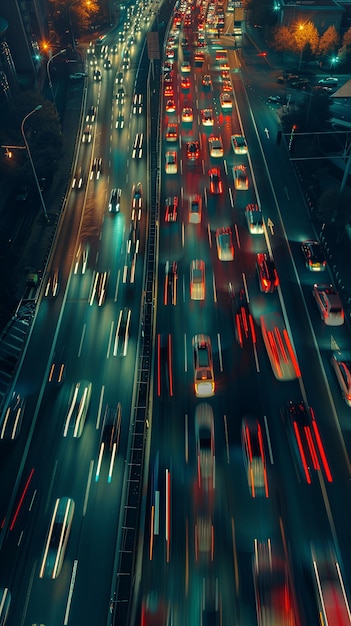 Vertical road with busy traffic at night on motorway