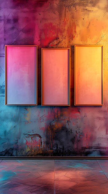 Vertical row of three empty frames on a warm multicolor wall softly lit