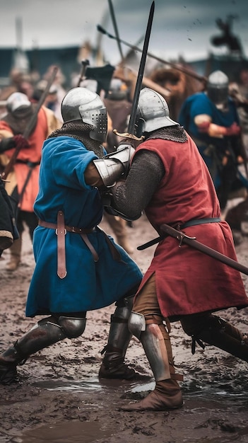 Photo vertical screen epic battlefield two armored medieval knights fighting with swords