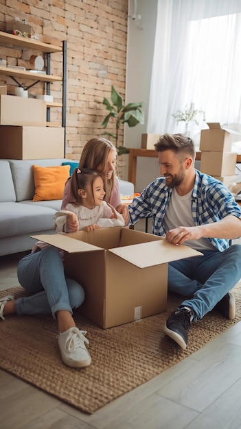 Photo vertical screen happy homeowners moving in lovely couple sitting on the floor of cozy apartment u