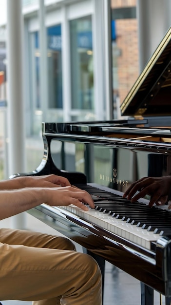 Vertical Screen Pianist Hands Playing a Mesmerizing Jazz Melody on a Black Grand Piano