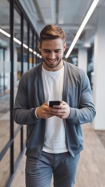 Photo vertical screen portrait of young man in casual clothes walks in corporate office hallway using h