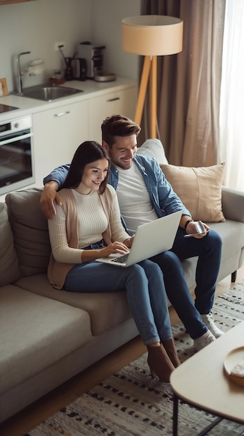 Vertical Screen Top View Apartment Happy Couple Using Laptop in the Stylish Living Room