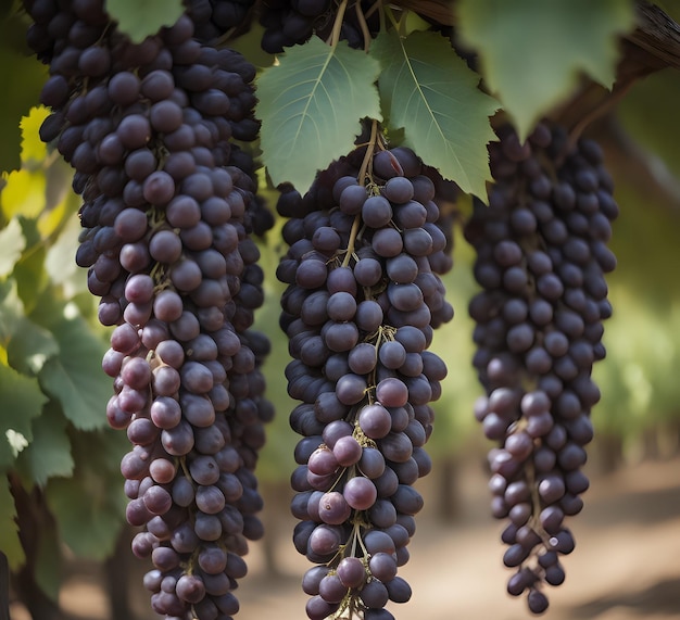 vertical selective focus shot of a purple grape crunch growing on the tree generative ai