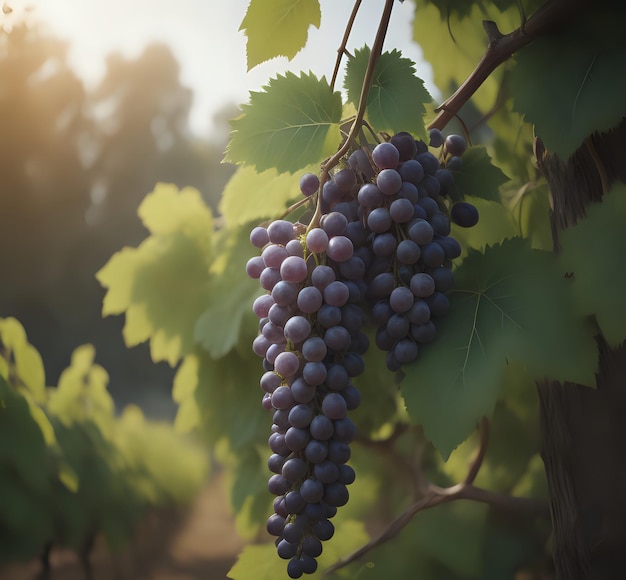 vertical selective focus shot of a purple grape crunch growing on the tree generative ai