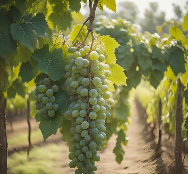 vertical selective focus shot of a purple grape crunch growing on the tree generative ai