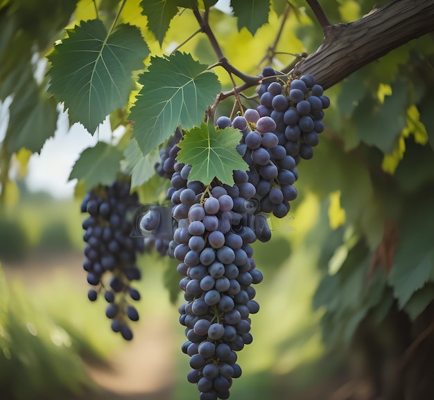 vertical selective focus shot of a purple grape crunch growing on the tree generative ai