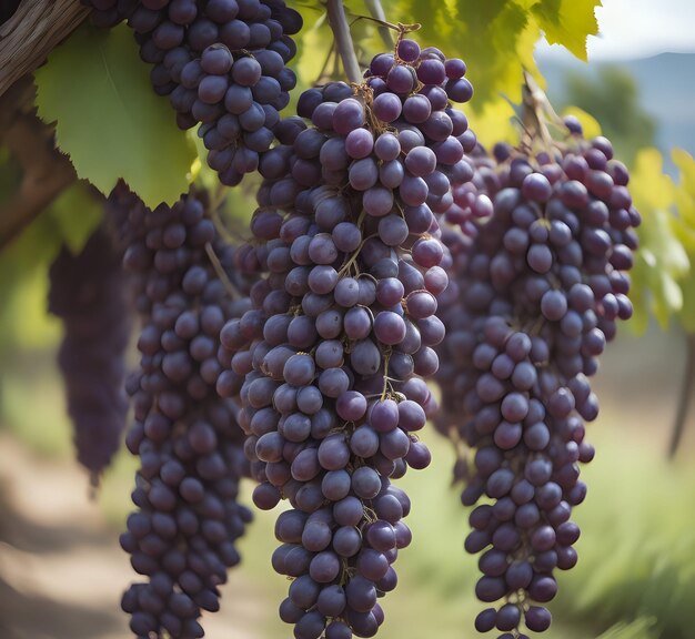 vertical selective focus shot of a purple grape crunch growing on the tree generative ai